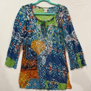 Debbie Katz South Beach Patchwork Boho Tunic Top Embroidered Cotton Blue Small
